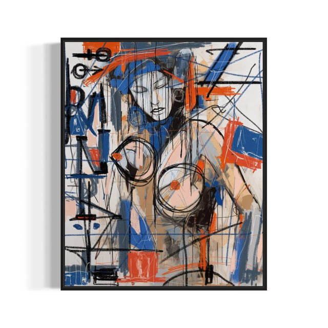 This image features a framed abstract painting titled "The Neo Dreams." The artwork is a vibrant and expressive portrayal of a female figure, painted in a neopop style that blends elements of surrealism and contemporary art.